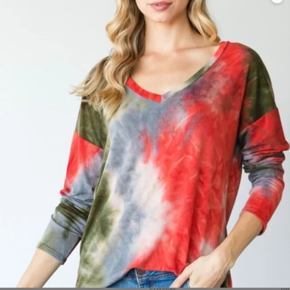 CY Fashion Tie Dye V Neck Long Sleeve Top Large Buttery Soft Rayon Boho Casual